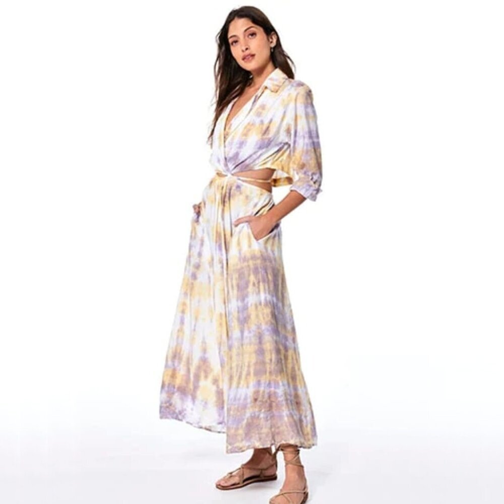 NWT YFB yellow gold and purple tie dye collared cutout wrap front tie sun dress